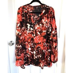a.n.a. Women's Blouse Size 2X Coral/Black/White Long Sleeves Lt Weight Exc. Cond